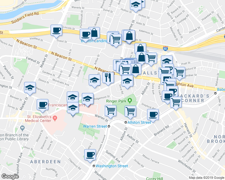 map of restaurants, bars, coffee shops, grocery stores, and more near in Boston