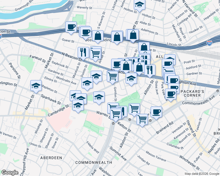 map of restaurants, bars, coffee shops, grocery stores, and more near in Boston