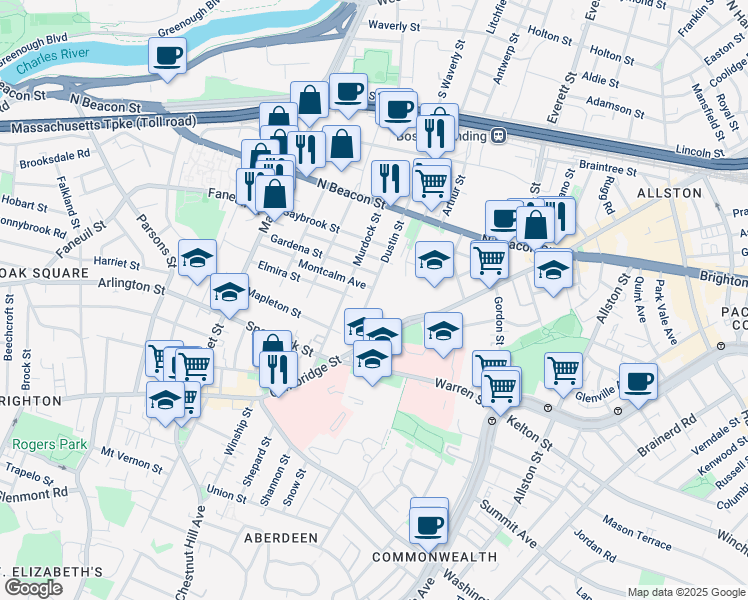 map of restaurants, bars, coffee shops, grocery stores, and more near 59 Dustin Street in Boston