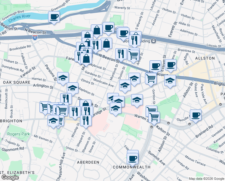map of restaurants, bars, coffee shops, grocery stores, and more near 87 Murdock Street in Boston