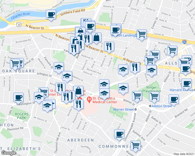 map of restaurants, bars, coffee shops, grocery stores, and more near 87 Murdock Street in Boston