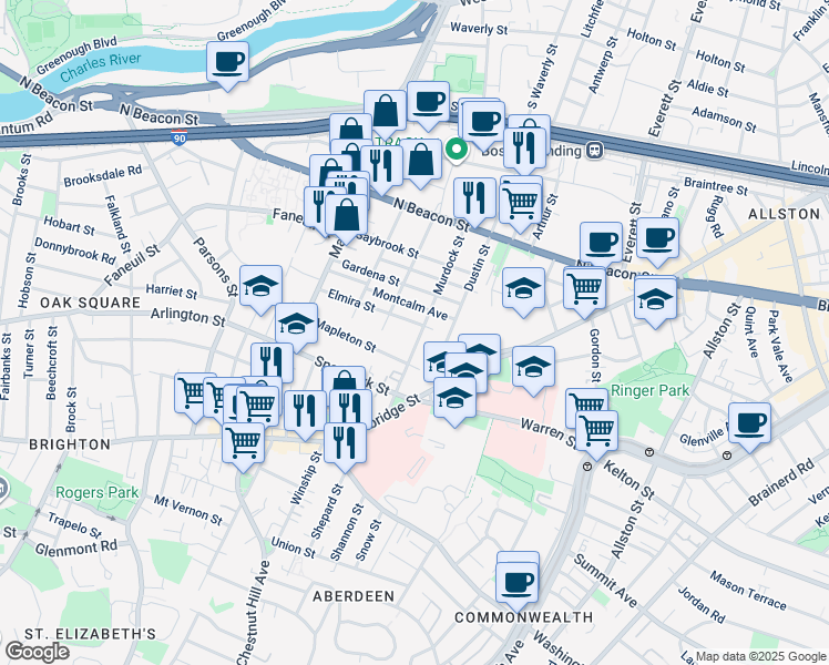 map of restaurants, bars, coffee shops, grocery stores, and more near 87 Murdock Street in Boston