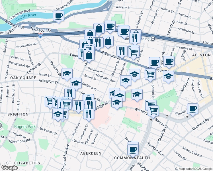 map of restaurants, bars, coffee shops, grocery stores, and more near 87 Murdock Street in Boston