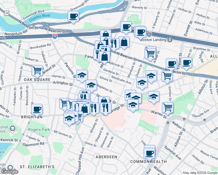map of restaurants, bars, coffee shops, grocery stores, and more near 90 Glencoe Street in Boston