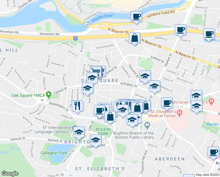 map of restaurants, bars, coffee shops, grocery stores, and more near 136 Arlington Street in Boston