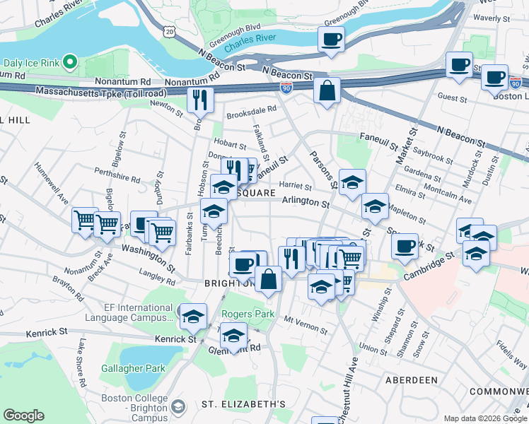 map of restaurants, bars, coffee shops, grocery stores, and more near 136 Arlington Street in Boston