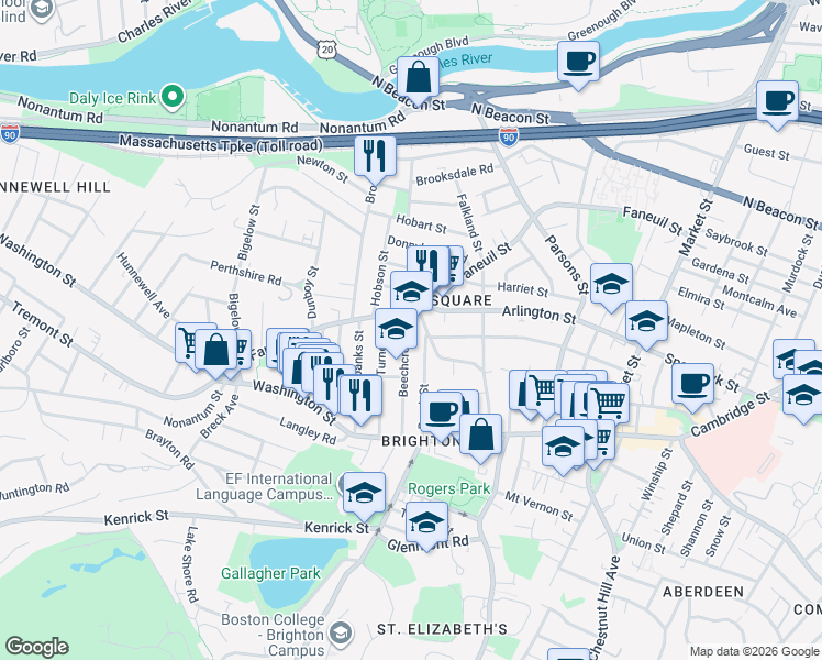 map of restaurants, bars, coffee shops, grocery stores, and more near 278 Faneuil Street in Boston