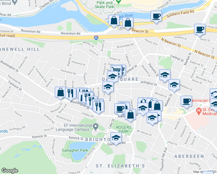 map of restaurants, bars, coffee shops, grocery stores, and more near 278 Faneuil Street in Boston