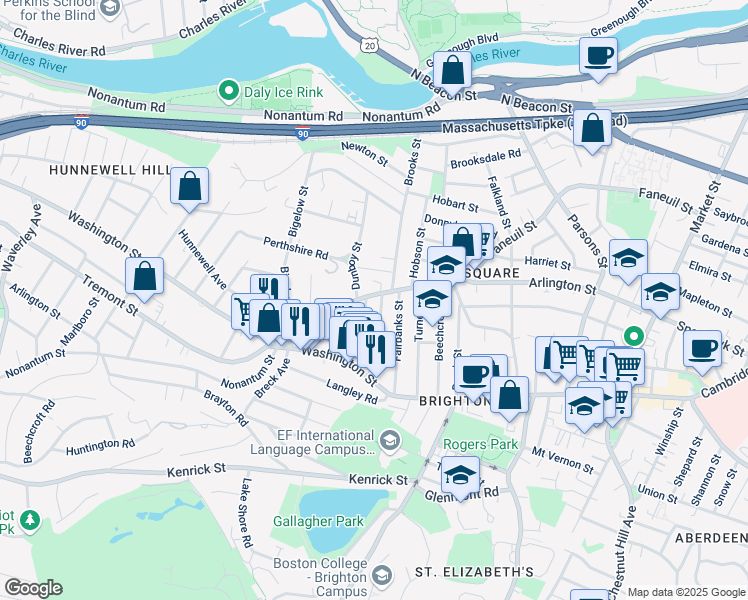 map of restaurants, bars, coffee shops, grocery stores, and more near 335 Faneuil Street in Boston