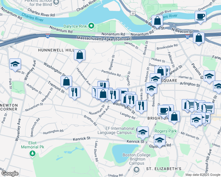 map of restaurants, bars, coffee shops, grocery stores, and more near 25 Bigelow Street in Boston