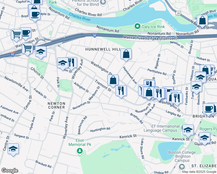 map of restaurants, bars, coffee shops, grocery stores, and more near 30 Playstead Road in Newton