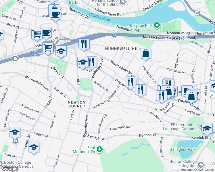 map of restaurants, bars, coffee shops, grocery stores, and more near 24 Belmont Street in Newton