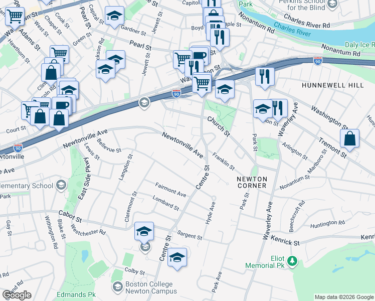 map of restaurants, bars, coffee shops, grocery stores, and more near 9 Mount Ida Street in Newton