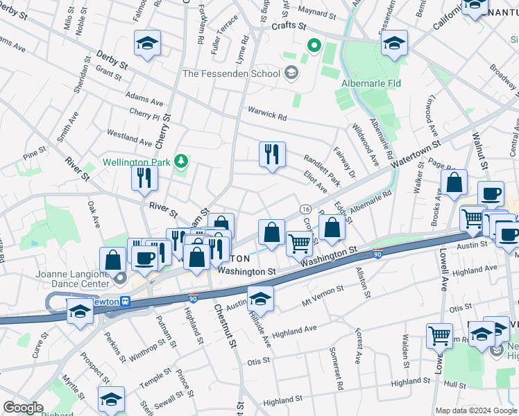 map of restaurants, bars, coffee shops, grocery stores, and more near 38 Adella Avenue in Newton