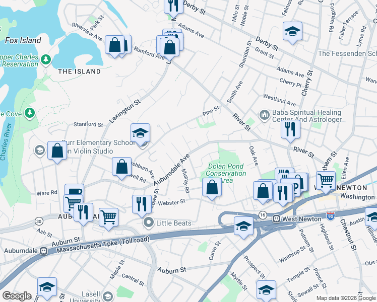 map of restaurants, bars, coffee shops, grocery stores, and more near 24 Shirley Street in Newton