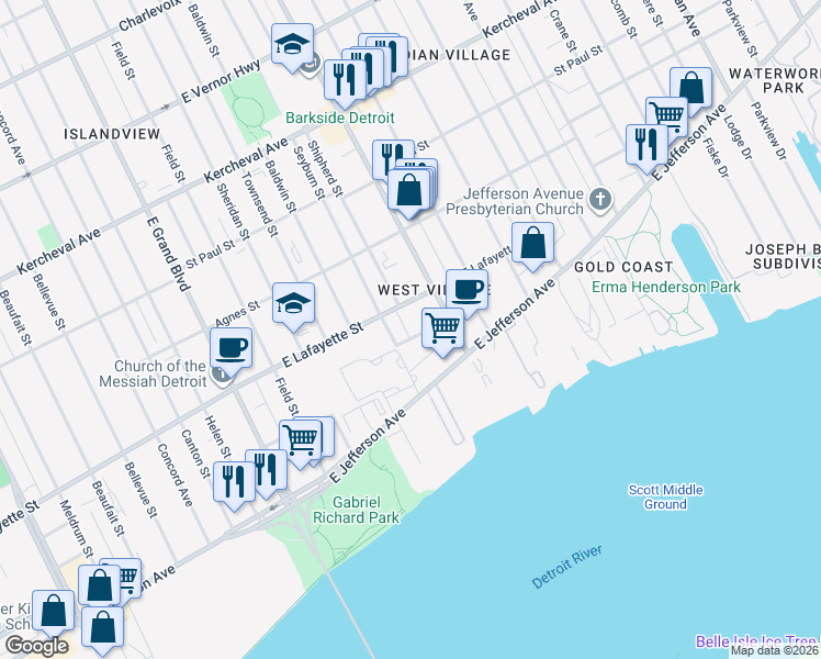 map of restaurants, bars, coffee shops, grocery stores, and more near 7881 Van Dyke Place in Detroit