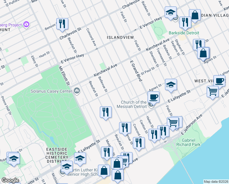 map of restaurants, bars, coffee shops, grocery stores, and more near 6625 Saint Paul Street in Detroit