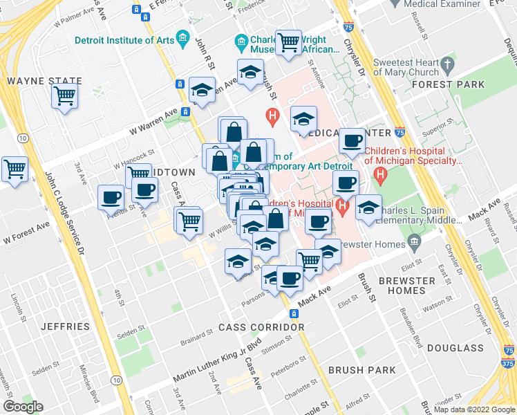 map of restaurants, bars, coffee shops, grocery stores, and more near 83 East Willis Street in Detroit