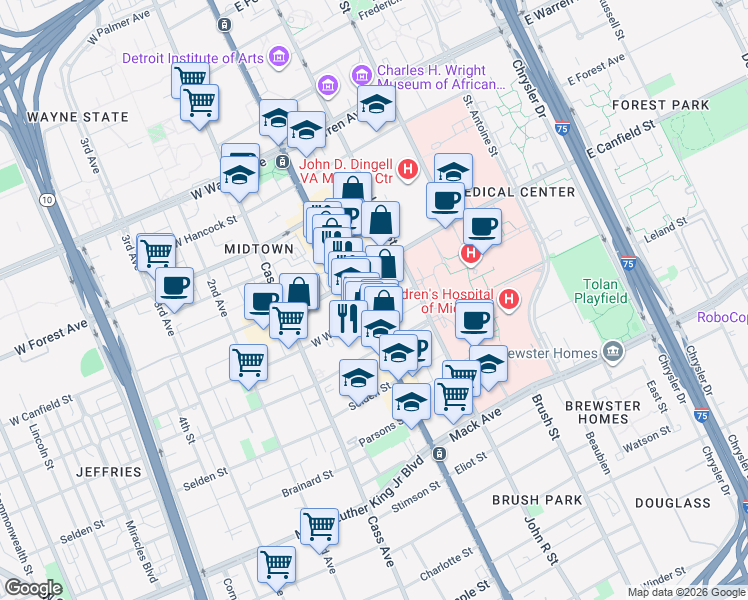 map of restaurants, bars, coffee shops, grocery stores, and more near 4250 Woodward Avenue in Detroit