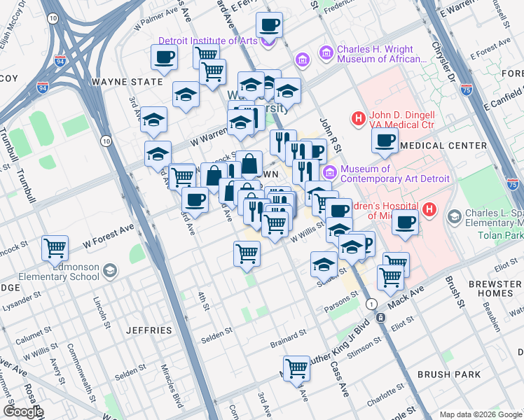 map of restaurants, bars, coffee shops, grocery stores, and more near 435 Prentis Street in Detroit