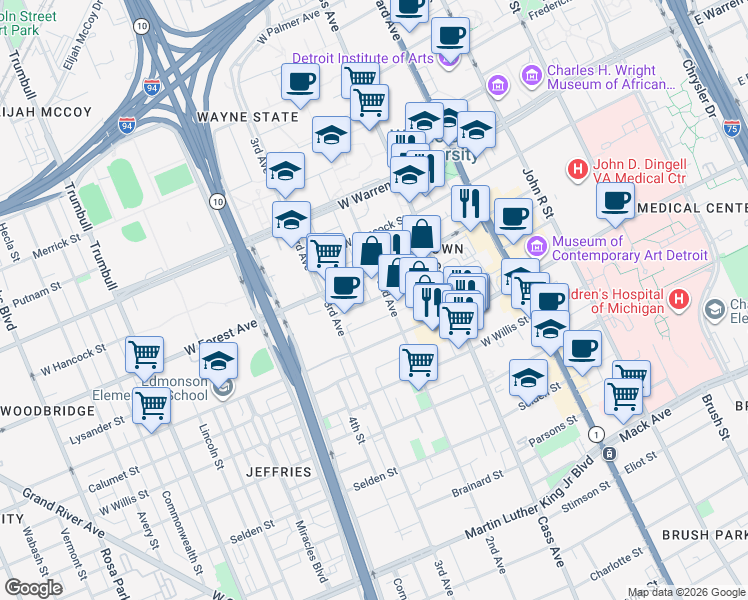 map of restaurants, bars, coffee shops, grocery stores, and more near 4606 2nd Avenue in Detroit