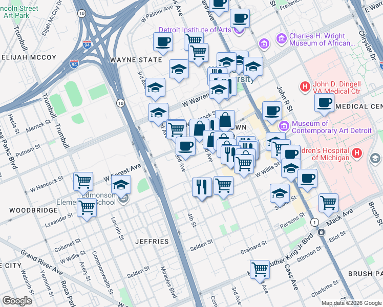 map of restaurants, bars, coffee shops, grocery stores, and more near 651 West Forest Avenue in Detroit