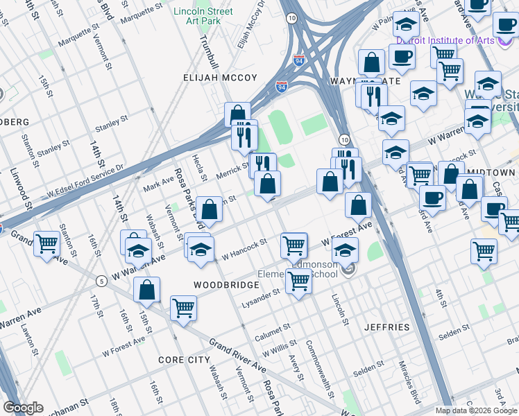 map of restaurants, bars, coffee shops, grocery stores, and more near in Detroit