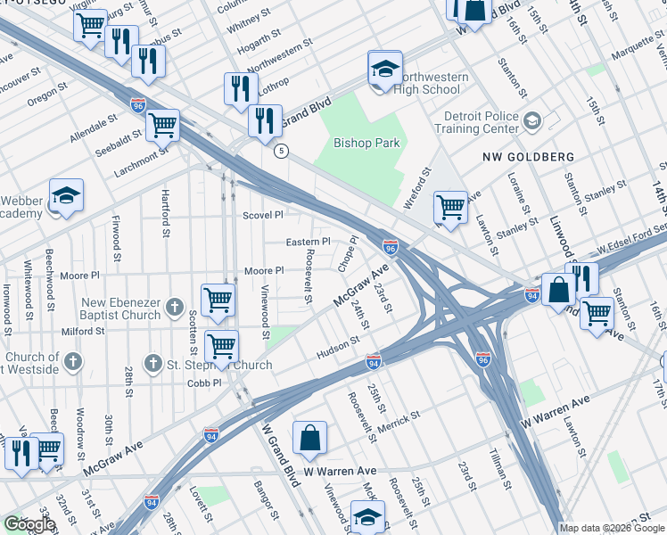 map of restaurants, bars, coffee shops, grocery stores, and more near 3544 Moore Place in Detroit