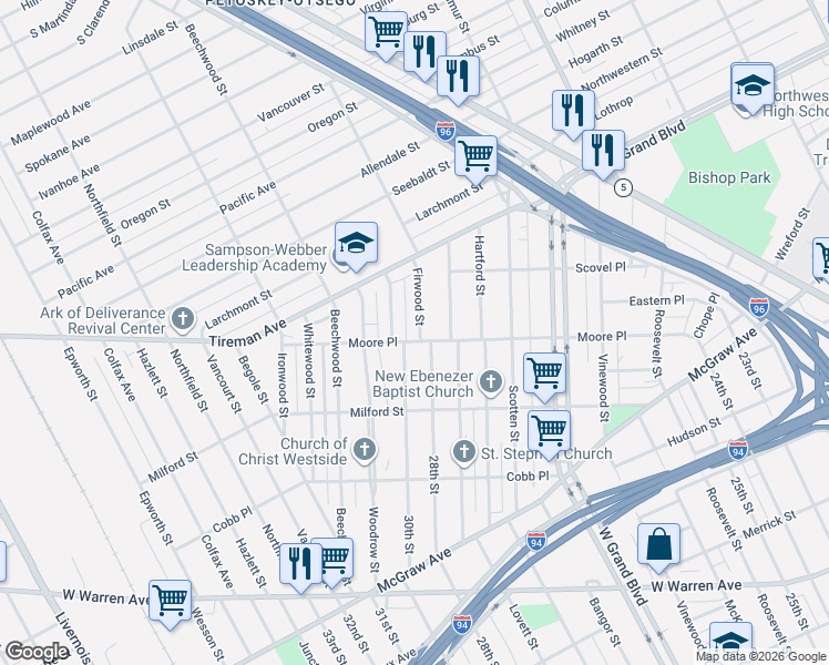 map of restaurants, bars, coffee shops, grocery stores, and more near 6546 Boxwood Street in Detroit