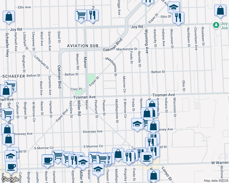 map of restaurants, bars, coffee shops, grocery stores, and more near 10444 Westover Street in Detroit