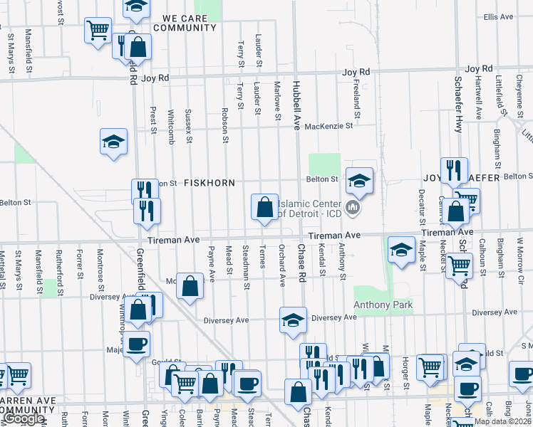 map of restaurants, bars, coffee shops, grocery stores, and more near 8097 Marlowe Street in Detroit