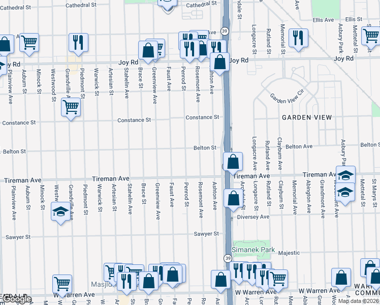 map of restaurants, bars, coffee shops, grocery stores, and more near 8203 Penrod Street in Detroit