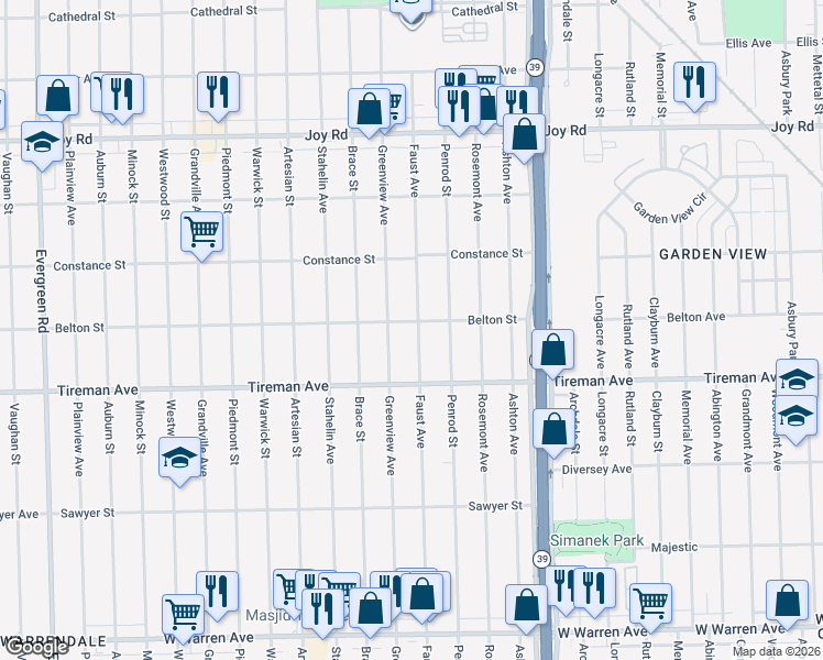 map of restaurants, bars, coffee shops, grocery stores, and more near 8201 Faust Avenue in Detroit