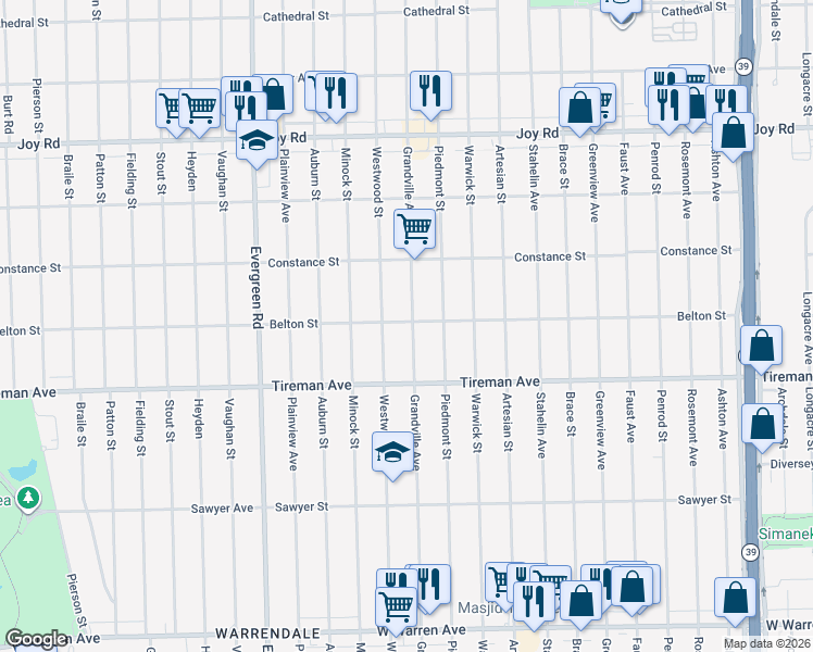 map of restaurants, bars, coffee shops, grocery stores, and more near 8212 Westwood Street in Detroit
