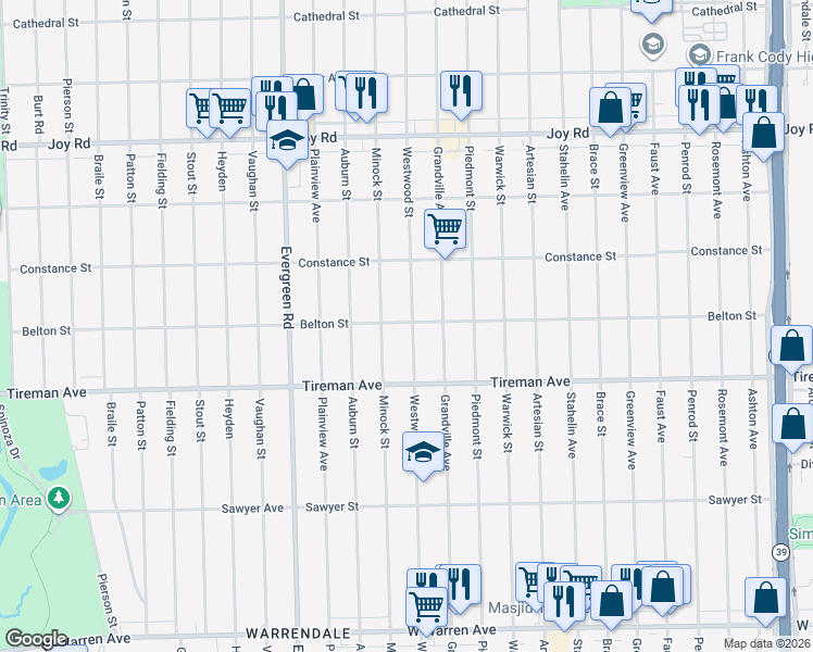 map of restaurants, bars, coffee shops, grocery stores, and more near 8212 Westwood Street in Detroit
