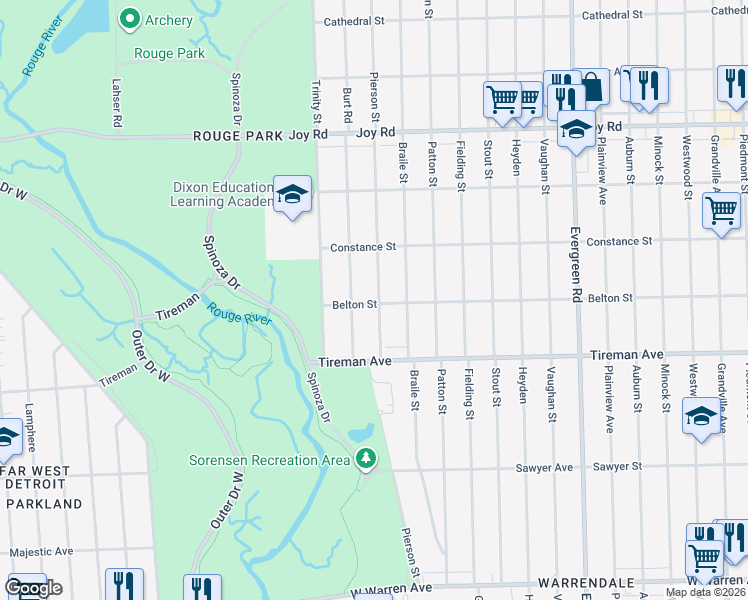map of restaurants, bars, coffee shops, grocery stores, and more near 8228 Pierson Street in Detroit