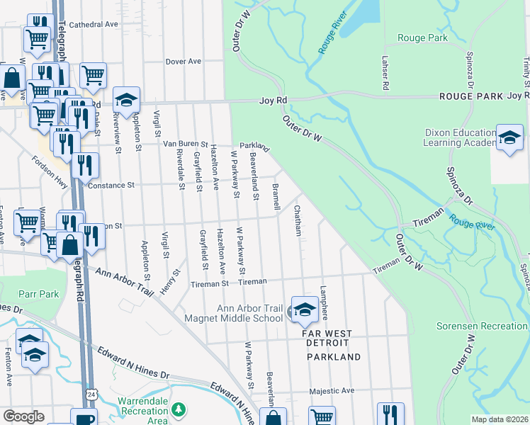 map of restaurants, bars, coffee shops, grocery stores, and more near 8245 Beaverland Street in Detroit