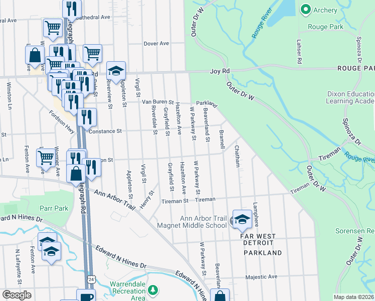 map of restaurants, bars, coffee shops, grocery stores, and more near 8245 West Parkway Street in Redford Charter Township