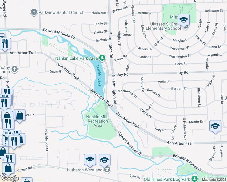 map of restaurants, bars, coffee shops, grocery stores, and more near 8622 North Farmington Road in Westland