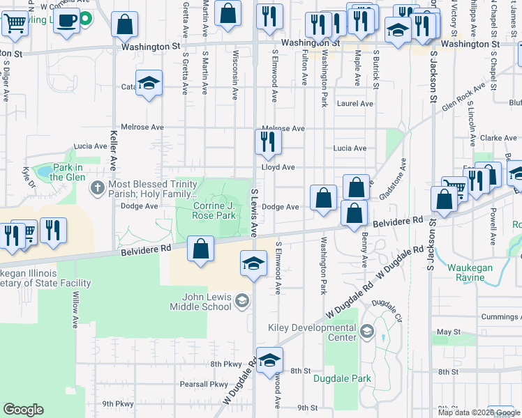 map of restaurants, bars, coffee shops, grocery stores, and more near 444 South Elmwood Avenue in Waukegan