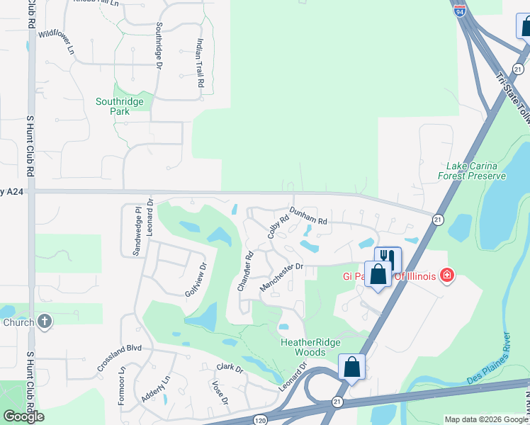 map of restaurants, bars, coffee shops, grocery stores, and more near 599 Dunham Road in Gurnee