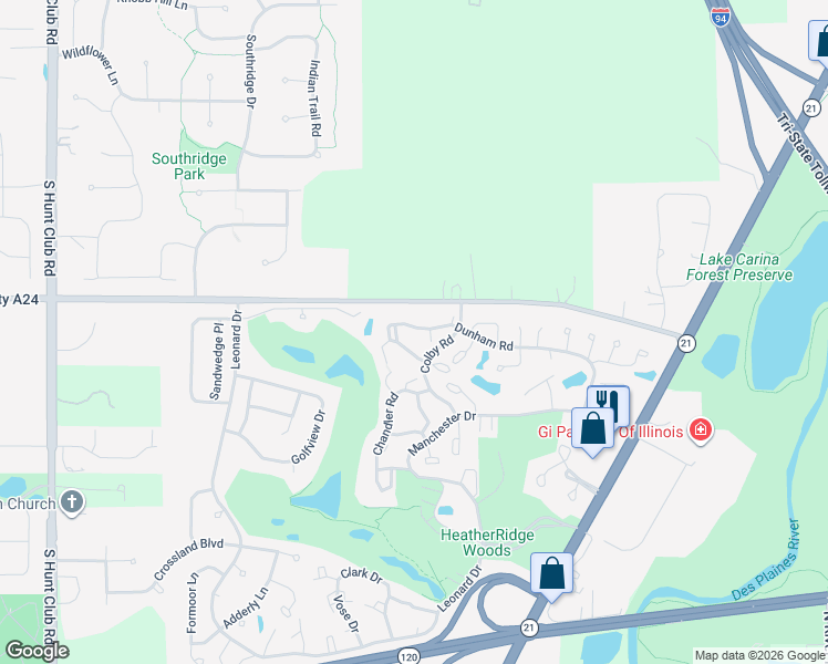 map of restaurants, bars, coffee shops, grocery stores, and more near 599 Dunham Road in Gurnee