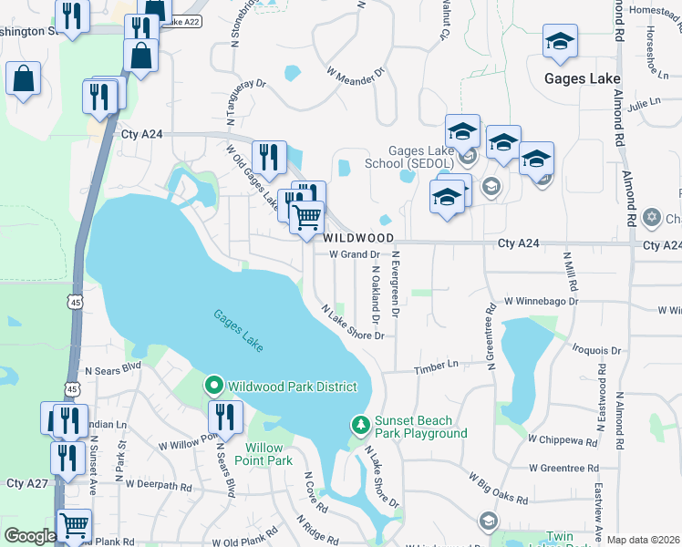 map of restaurants, bars, coffee shops, grocery stores, and more near 33707 North Forest Drive in Grayslake