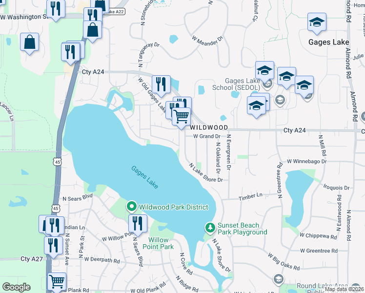 map of restaurants, bars, coffee shops, grocery stores, and more near 33698 North Gages Lake Drive in Grayslake