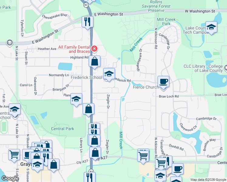 map of restaurants, bars, coffee shops, grocery stores, and more near 634 Dove Court in Grayslake