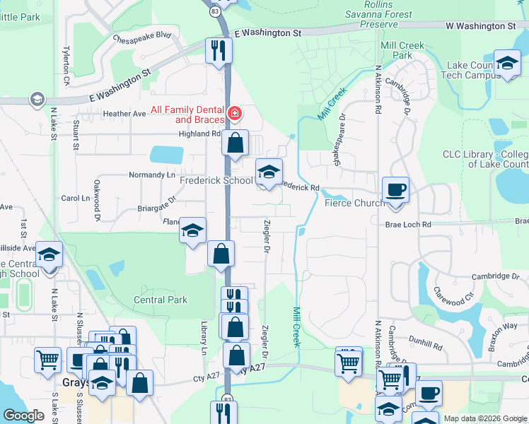 map of restaurants, bars, coffee shops, grocery stores, and more near 634 Dove Court in Grayslake