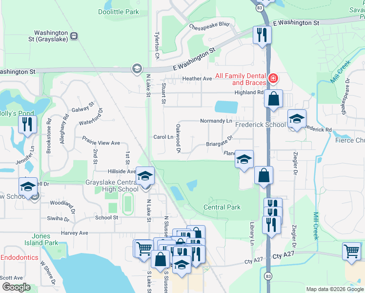 map of restaurants, bars, coffee shops, grocery stores, and more near 543 Oakwood Drive in Grayslake