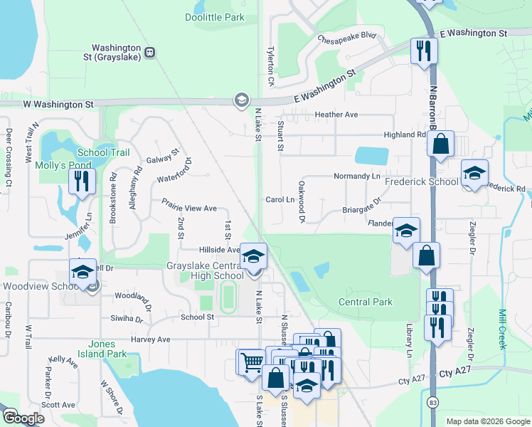 map of restaurants, bars, coffee shops, grocery stores, and more near 540 North Lake Street in Grayslake