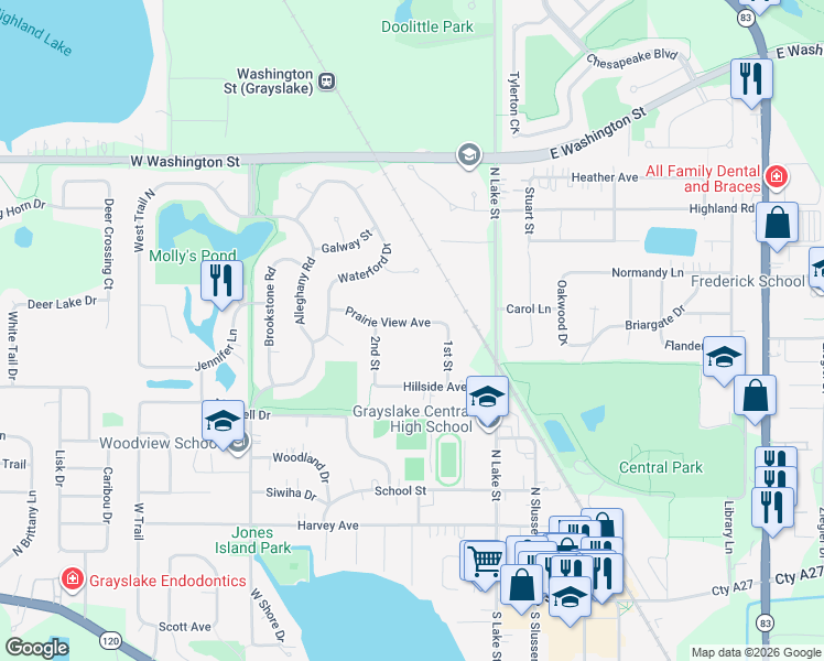 map of restaurants, bars, coffee shops, grocery stores, and more near 148 Prairie View Avenue in Grayslake
