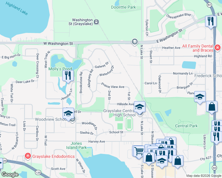 map of restaurants, bars, coffee shops, grocery stores, and more near 192 Prairie View Avenue in Grayslake